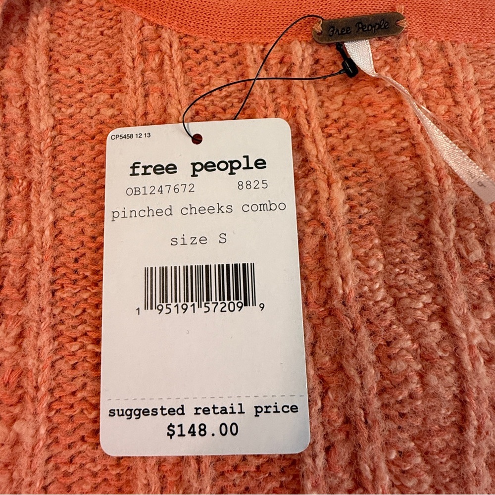 Free People | Textured Knit Open Front Cardigan, "Pinched Cheeks Combo" Coral - Picture 7 of 10